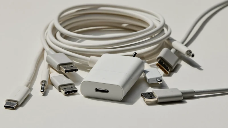 Cabluri, adaptoare și un mic încărcător aranjate pe o suprafață gri deschis