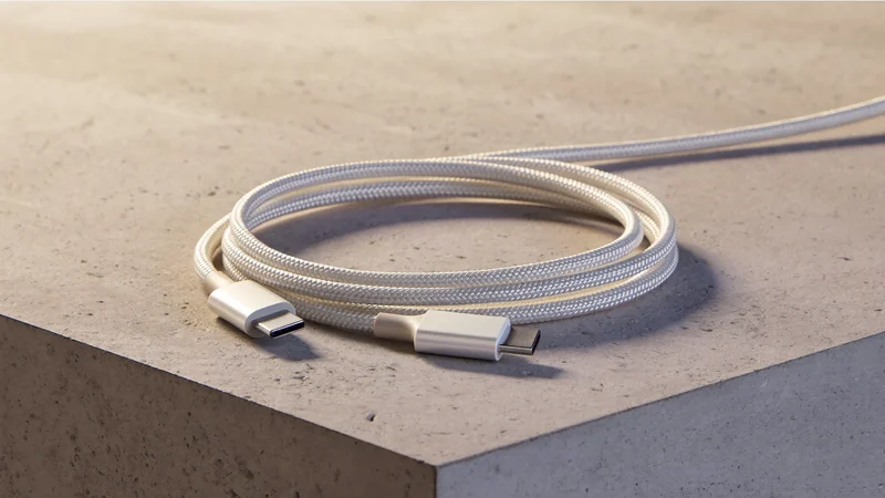 Cablu USB-C împletit, înfășurat în spirală pe o suprafață din beton