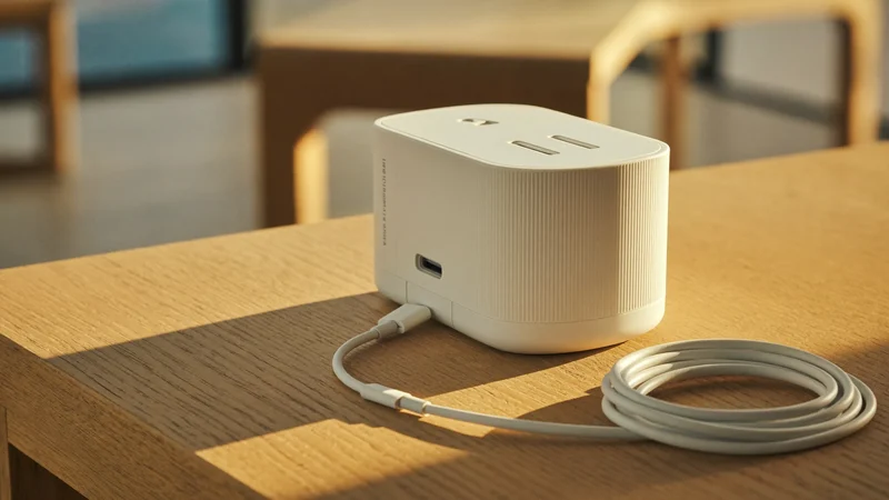 Încărcător alb compact cu două porturi USB și un cablu scurt